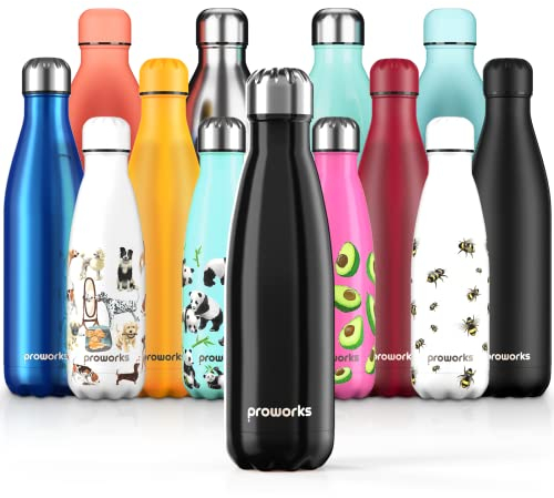 PROWORKS Bouteille d'eau Isotherme, sans BPA, Gourde INOX Reutilisable pour Maintien Chaud de 12 Heures & du Froid Jusqu’à 24 Heures, pour Sport, Gym, Voyage - 1 Litre - Noir
