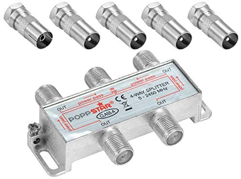 Poppstar Répartiteur coupleur d'antenne 4 Sorties + Adaptateur IEC(analogique/numérique/large-bande/unicable/HD/4K Compatible) pour TV,Antenne TNT,Satellite,Câble,TV,Radio,LNB - 100dB, 5-2450 MHz