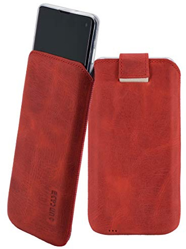 Suncase Original Etui Tasche kompatibel mit Samsung Galaxy S10e | mit ZUSÄTZLICHER Hülle/Schale/Bumper Lasche mit Rückzugfunktion Handytasche Ledertasche Schutzhülle Case in antik-rot