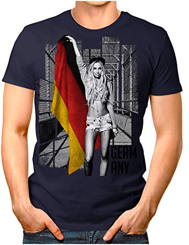 OM3® - Soccer-Girl-Ländershirt - Herren T-Shirt Fan Support Fußball Trikot Sexy Frau Vintage Navy S - 4XL