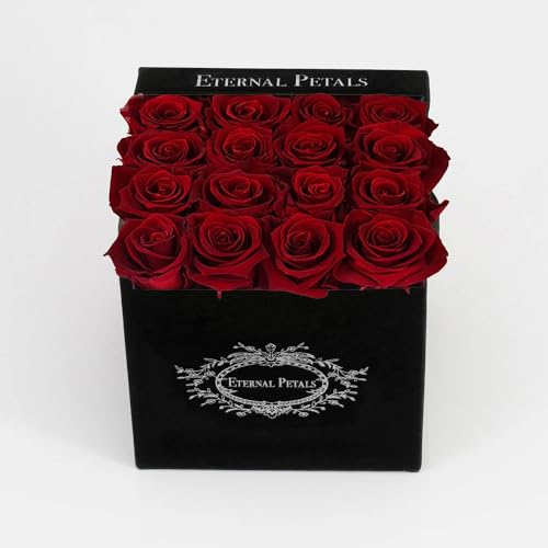 Eternal Petals 100% rose vere che durano un anno – un regalo perfetto – scatola di velluto nero (rosso scuro)