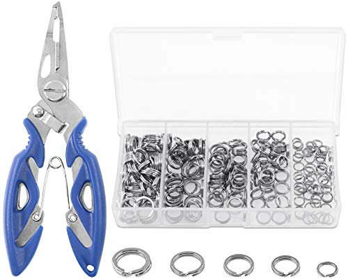Keadic 200Pcs/5 Sizes Fishing Split Rings 9mm 8mm 7mm 6mm 5mm- Double Snap Loop Lure Connectors with Fishing Pliers Fish Hook Remover for Jigging Hooks and Lures Tackle Set