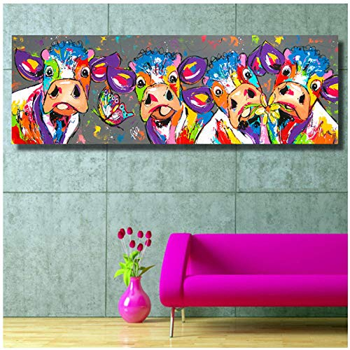 LYFCV Bunte Kuh Tier Leinwand Malerei Lustige Kuh Wandkunst Poster Und Drucke Wandbilder Für Wohnzimmer Schlafzimmer Dekoration 60x120 cm Kein Rahmen