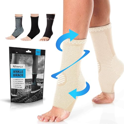 POWERLIX Sprunggelenkbandage 2 Stück, Professionelle Knöchelbandage für Damen/Männer Kompressionssocken Fußbandage für Plantarfasziitis, Arthritis, ACL, Gelenkschmerzen,Fersensporn, Sport, Beige, S
