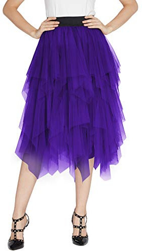 Urban GoCo, Petticoat-Rock, für Damen, kurz und Midi in Einem, aus Tüll, elastischer Bund mit asymmetrischem Tutu-Rock, für Party oder Tanzen, Violett X-Large