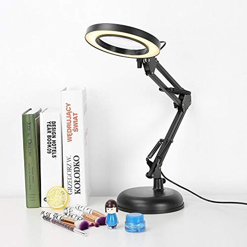 Magnifying Lamp with Light, 5X Magnifying LED Glass with Base and Adjustable Folding Arm for Beauty Cosmetic Manicure Meticulous, Eyes Protective Desk Zoom Tattoo Light Lamp Desktop Magnifier