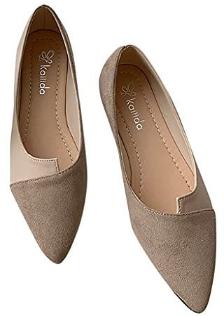 CHAOEN Women's Ballet Flats Pumps Pointed Toe Ballerina Shoes Low Heels Dolly Shoes Faux Suede Flats Slip on School Shoes 2021 Khaki