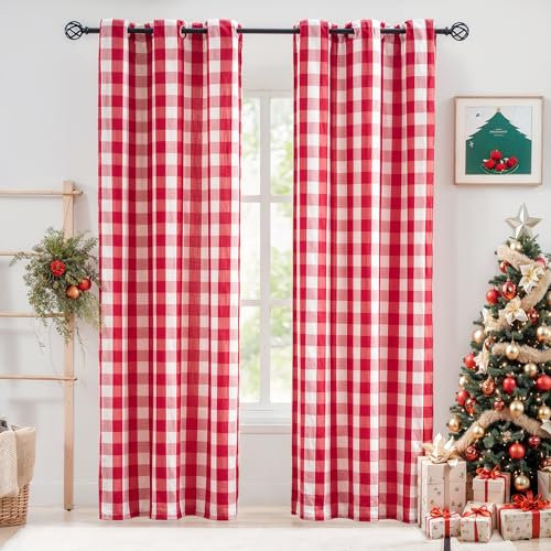 Jubilantex Halbtransparente Vorhänge, kariert, kariert, strukturiert, Bauernhaus-Ösen, Fenstervorhänge für Wohnzimmer, Schlafzimmer, Kinderzimmer, 2 Bahnen, 101,6 x 241,3 cm, Rot / Weiß