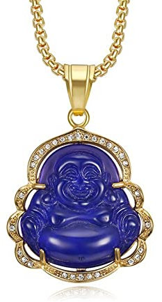 HMOOY Glückliche lachende Buddha Halskette, Grüne Jade Buddha Zirkonia Anhänger mit 18 Karat vergoldeter Kette Feng Shui Schmuck für Damen Herren (Blau 1)