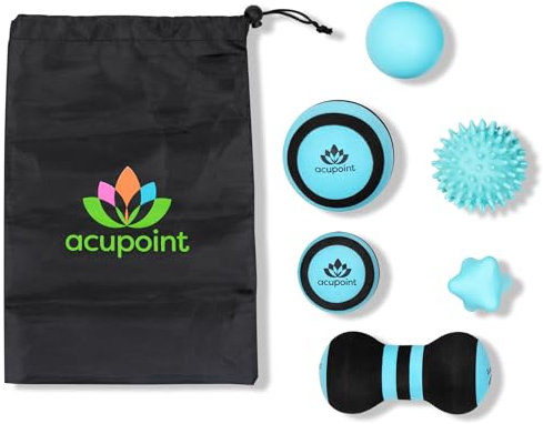 Acupoint Massage Ball Set 6 Physical Therapy Balls for Post Workout Deep Tissue Trigger Point Myofascial Release Lacrosse Ball Peanut Ball Spiky Ball Hand Therapy Ball Lg & Sm Foam Balls (Blue)