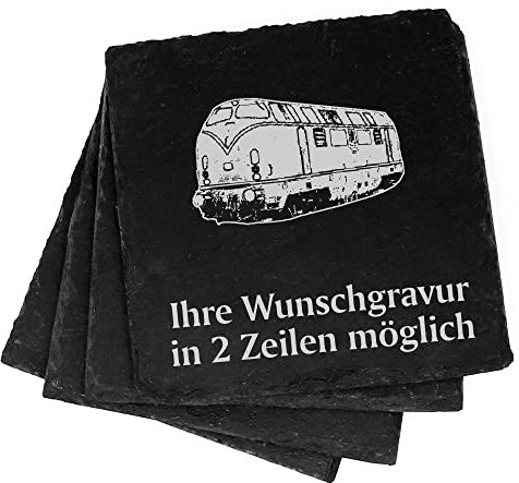 4X alte Eisenbahn Deko Schiefer Untersetzer Wunschgravur Set - 11 x 11 cm Flaschenuntersetzer Glasuntersetzer Tassenuntersetzer