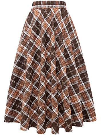 IDEALSANXUN Karierter Rock für Damen Hohe Taille Aline Plissee Midi Röcke, Braun, X-Klein
