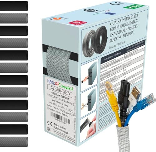 MarketConnect® Gaine Câbles Expansible Ø 15mm, L 10m • Range et Cache les Câbles • Idéal pour Bureau et TV • GRIS • MINIBOX
