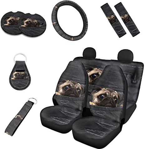 Kuiaobaty 10 Stück lustige Autositzbezüge mit Mops-Motiv, komplettes Set, Neuheit Jeans Tasche Welpen Auto Sitze Schonbezüge 2 Stück Auto-Untersetzer