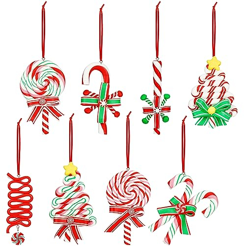 Belle Vous 8 Pack of Christmas Lollipop Ornaments - Hanging Red, White & Green Swirl Fake Candy Pendants with Rope - Polymer Clay Sweet Decorations for Xmas Tree, Holiday Party or Wreath Decor