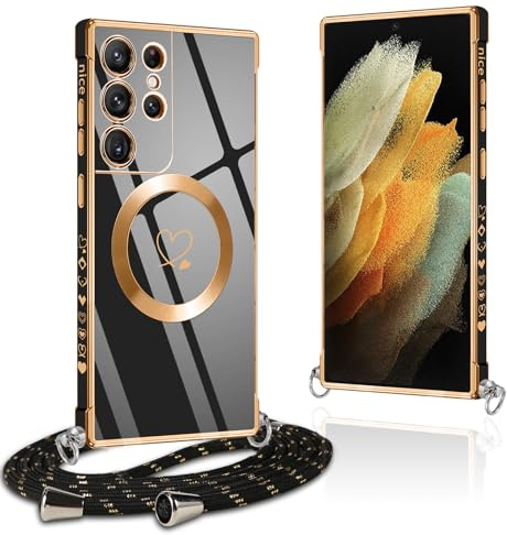 Pnakqil Handykette für Samsung Galaxy S21 Ultra 5G Hülle mit Band, Kompatibel mit MagSafe, Handyhülle Ultra Dünn Silikon Magnetisch mit Herz Love Muster Schutzhülle mit um Umhängen Kordel, Schwarz