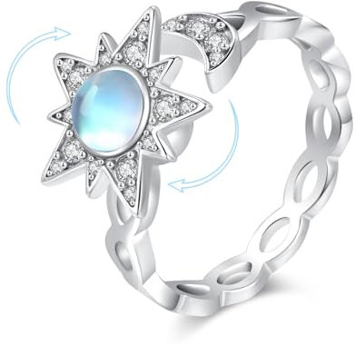 KINGWHYTE Angst Ring 925 Sterling Silber Fidget Ringe für Angst Spinner Mondstein Sonne und Mond verstellbare Ringe Mondstein Schmuck für Damen Frauen Teenager Mädchen