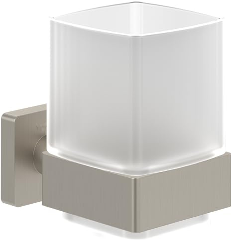Villeroy & Boch Elements - Striking Glashalter, Zahnbürstenhalter für Wandmontage, Zahnputzbecher aus satiniertem Glas mit Halterung aus Messing, eckig, Brushed Nickel Matt