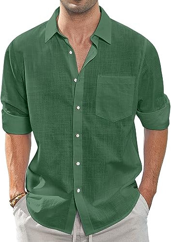J.VER Men's Linen Cotton Shirts Long Sleeve Regular Fit Casual Solid Lightweight Summer Beach Shirt with Pocket Army Green M