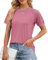 BellaDila Damen Sommer Spitze Kurzarm T-Shirt Rundhals Elegant Vorne Plissee Bluse Locker Top Tunika Oberteile 2024, Rosa, M
