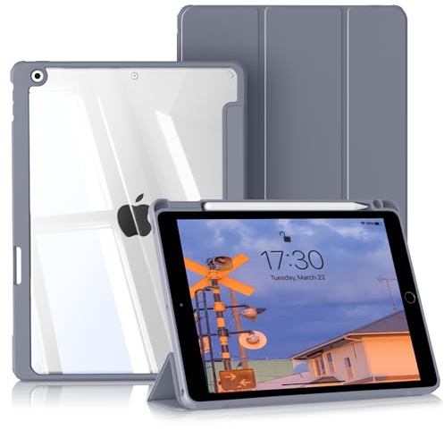 BQDIYOO Hülle für iPad 9. Generation, iPad 8./7. Generation Hülle 10.2 Zoll 2021/2020/2019, Transparentes Hardcase mit Stifthalter, Auto Schlafen/Wache, Lila