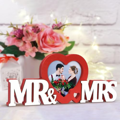 LOHAME Mr & Mrs Bilderrahmen Hochzeit Fotorahmen Hochzeitsdeko Rot Herz Holzrahmen Hochzeit Tischdeko Portraitrahmen Vintage Holz Buchstaben Deko Hochzeitsgeschenk für Brautpaar Verlobung Jahrestag