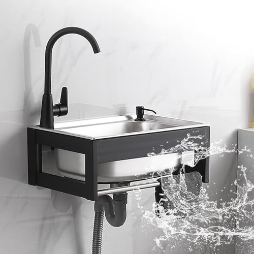 Ausgussbecken,Edelstahl Wandmontage Waschbecken Waschtisch Einhängen Küchenspüle Waschbecken mit Wasserhahn für Küche Badezimmer Waschküche Garage (48x35x21cm)