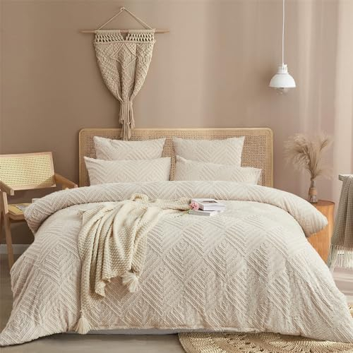 Luofanfei Getuftete Boho Bettwäsche 155x220 Beige Bohemian Style Wendebettwäsche Set Microfaser Stickerei Shabby Chic Geometrisches Muster Bettbezug und Kissenbeüge 80x80 cm mit Reißverschluss