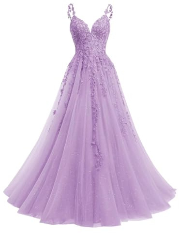 Beyonddress Abito da Sera con Paillettes in Tulle Lungo, Ballkleid con Applicazioni in Pizzo, Scollo a V, Abito da Cerimonia per Donne, Abito da Festa, Lilla, 52