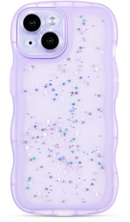 ZTOFERA Sparkly Glitter Wavy Case for iPhone 14 Plus (6.7), Purple | Curly Wave Frame Shape, Bling Sparkle Star, Clear Soft TPU Back Cover, Lightweight, Shockproof Protective Bumper Cover