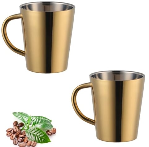 TUPMFG 2Pcs 300ml/10oz Stainless Steel Coffee Mug, Double Walled Coffee Cup, Metal Insulated Mug, Camping Mugs, with Handle,for Travel,Home,Office (Gold)