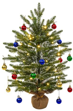 AGM 60 cm Tisch Weihnachtsbaum Klein mit 50 LEDs Lichterketten Deko 18 Weihnachtsdekoration Kugeln, Base von Leinen Baumwolle, 24inch Künstlicher Christbäume für Weihnachts Dekoration