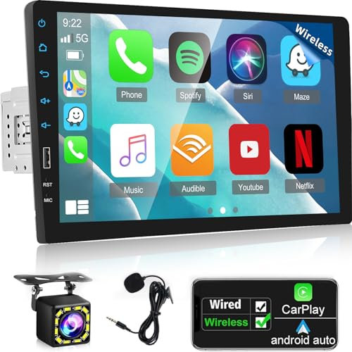 NHOPEEW 1 Din Autoradio Mit Bildschirm - Drahtlos Carplay und Android Auto Radio Suopport Mirror Link FM EQ Lenkradsteuerung + 12Led Rückfahrkamera & Mikrofon