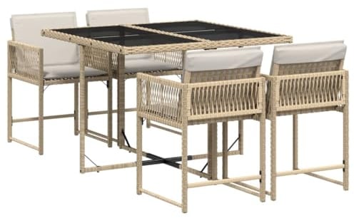 vidaXL Garten Essgruppe 5-TLG., Gartenmöbel Set Tisch mit 4 Stühle, Gartengarnitur mit Kissen, Sitzgruppe Essgarnitur Terrasse, Beige Poly Rattan