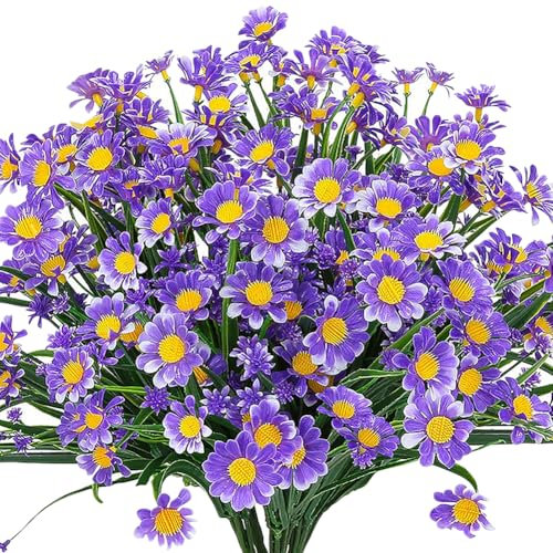 Lot de 4 bouquets de marguerites artificielles en plastique résistant aux UV - Fausse verdure - Plantes florales d'extérieur réalistes pour pot de fleurs, porche, violet