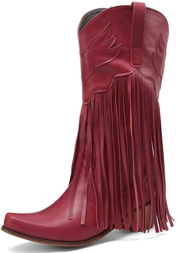 WEHAM Western-Cowboystiefel mit Fransen für Damen, mittelhohe Reitstiefel mit spitzem, dickem Absatz und breiter Wade, Klassische, bestickte, Bequeme Cowgirl-Stiefeletten zum Überziehen