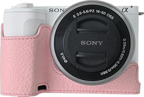 BMAOLLONGB ZV-E10 II Case, Handmade PU Litchi Leather Half Camera Case Bag Cover Bottom Opening Version for Sony Alpha ZV-E10 II With Neck Strap (Pink)