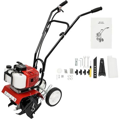 52 CC 1,9 KW - Fresa da giardino a benzina a 2 tempi, 6500 giri/min, zappa a gas con 4 lame dure, fondo prato, coltivatore da giardino, larghezza di lavoro 35 cm, profondità di lavoro 10 cm