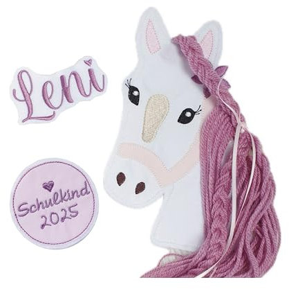 Applikation Aufnäher Schultüte 3D Pferd mit Mähne Set 3 Teilig Pony Mädchen Flicken Patch Button Filz Handmade in weiss beere mit rosa Halfter gestickt mit Wollmähne