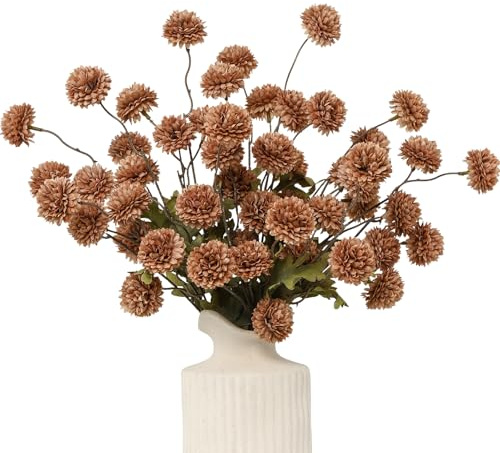 LEUCHTAMOR 6 flores artificiales de crisantemo de café, tallos de bola de mamá, mini crisantanto de seda de tacto real, flores de kiku falsas para ramo de bricolaje, centros de mesa de boda