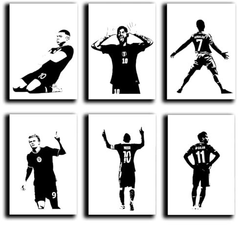 Set of 6 Messi Ronaldo Salah Neymar Mbappe Haaland Black And White Poster Set Leinwand Poster Schlafzimmer Dekoration Landschaft Büro Raumdekoration Geschenk Unframe-style 08x12inch(20x30cm)