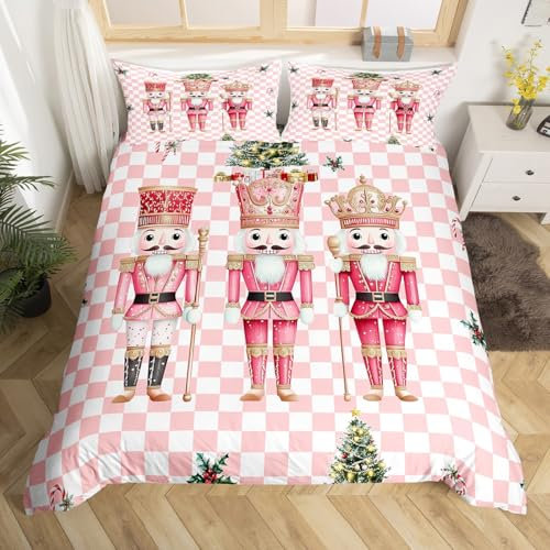 Parure de lit avec housse de couette Casse-noisette de dessin animé pour lit simple, motif sapins de Noël, décoration de chambre de fille et femme, housse de couette en treillis à carreaux rose et