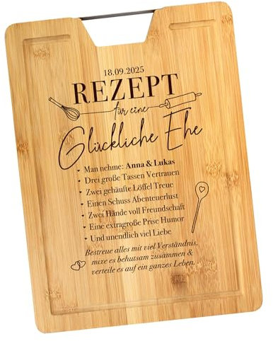 Schneidebrett aus Bambus mit Griff, glückliche Ehe Rezept als Gravur, personalisiertes Holzbrett für Hochzeit, Küchenbrett mit 2 Namen, Servierbrett zum Grillen, Geschenk für Paare