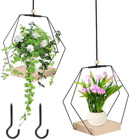 BOUFEIDA Maceta colgante para plantas, 2 unidades, maceta colgante para plantas, anillo de metal con base de madera, macetas colgantes, ganchos para colgar incluidos, para balcón y sala de estar