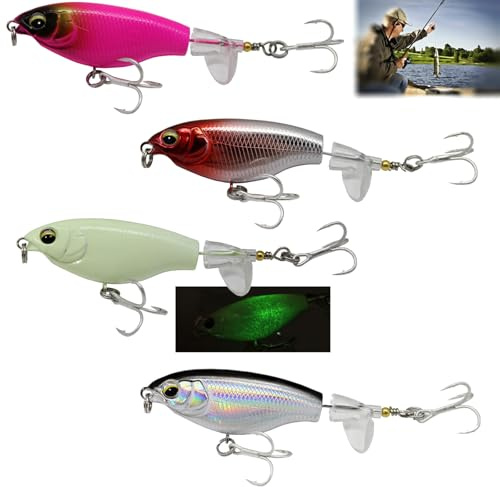 HaploS 4 Stück Barschköder, Schwimmende Köder für Süßwasser/Salzwasser | Oberflächenköder, Angel Köder, Topwater Bass Bait Köder Mit Propeller Tail für Bass Wels Hecht Barsch