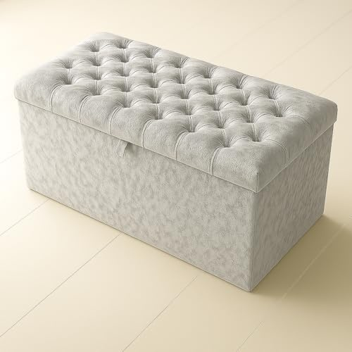 luxisleepltd Spanish Crushed Velvet Fabric Crystal Diamante ottoman storage box blanket box, (Silver, L102cm x W 45cm x H35cm)