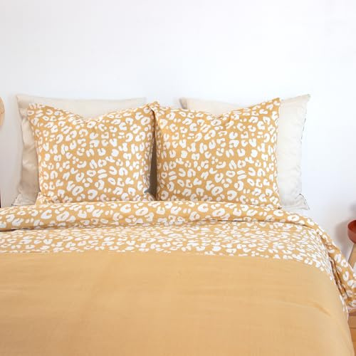 CÔTE DECO Parure de Lit 220x240cm Adulte Léopard Jaune - Coton – 3 pièces | 1 Housse de Couette Adulte 220x240cm + 2 Taies d'Oreiller 63x63 cm