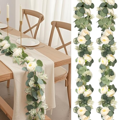 Fakeplant 2 Stück Künstliche Eukalyptus Girlande mit Rosen (198cm), Vintage Blumengirlande Champagner für Hochzeit Deko, Blumenranken Künstlich für Tischdeko, Wanddeko, Party & Frühlingsdeko