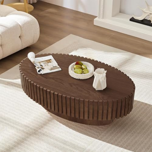 WUPDPQS 43 Zoll Ovaler Couchtisch, A Brown 110CM | Für Wohnzimmer, Geriffeltes Holz, Trommelförmig, Modern Kaffetisch, Für Kleine Räume