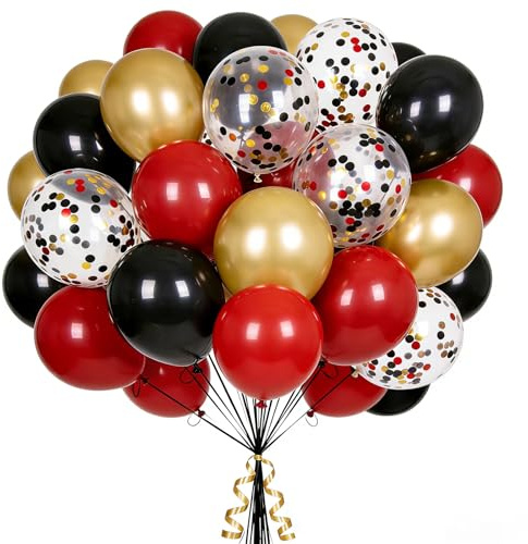 100 Stück Schwarz Gold Rot Luftballons,12 Zoll Schwarz Gold Rot Konfetti Luftballons für Geburtstag Party Hochzeit Abschlussfeier Silvester Deko Jubiläum Partydeko